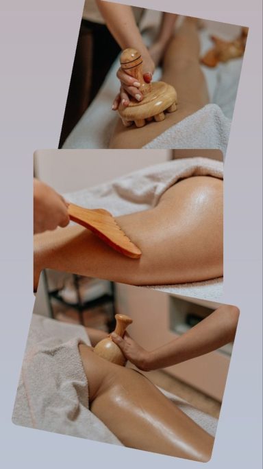 Maderotherapie am Körper – professionelle Anwendung mit Holzwerkzeugen zur Gewebeaktivierung, keine erotischen Inhalte.